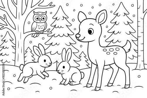 Winter Coloring Page. Winter forest scene children?s coloring book illustration, outlined drawing, animals