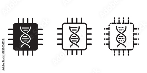 Three variations of a DNA-integrated microchip icon, symbolizing genetic engineering or biotechnology.