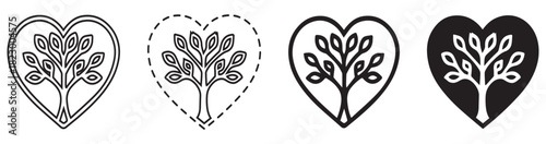 Four heart-shaped icons with tree inside, different styles: outline, dotted, solid line, and filled.