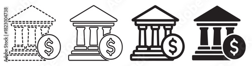 Four bank icons showing a progression from outline to solid fill, each with a dollar sign.