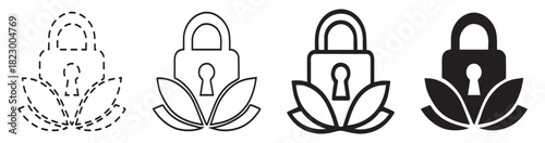 Four variations of a padlock icon with lotus flower petals below it.
