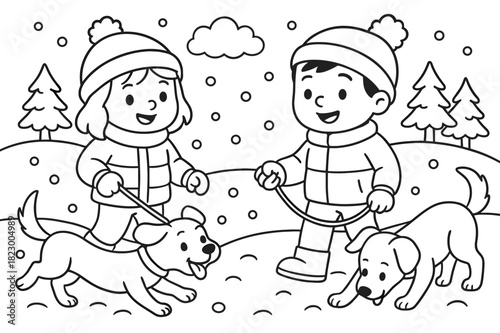 Winter Dog Walk. Friends walking dogs in the snow children?s coloring book illustration, outlined drawing, two