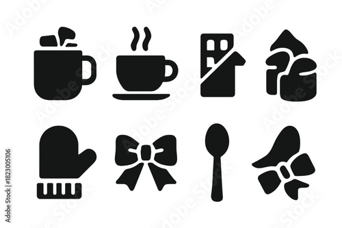 Winter Drink Icons. Winter drinks. Filled icon set of winter drinks: hot chocolate mug, steaming cup,