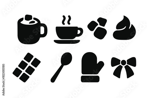 Winter Drink Icons. Winter drinks. Filled icon set of winter drinks: hot chocolate mug, steaming cup,