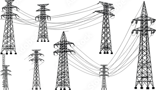 High voltage electric transmission towers with power lines, industrial energy grid infrastructure, electricity distribution system, utility pylons, and renewable power connection.