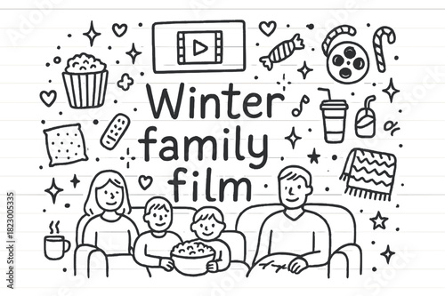 Winter Family Film Night. Winter family film. Hand-drawn doodle illustration of Winter family film. sofa,