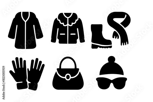 Winter Fashion Icons. Winter fashion. Filled icon set of winter fashion: fur coat, fur-trimmed jacket, boots,