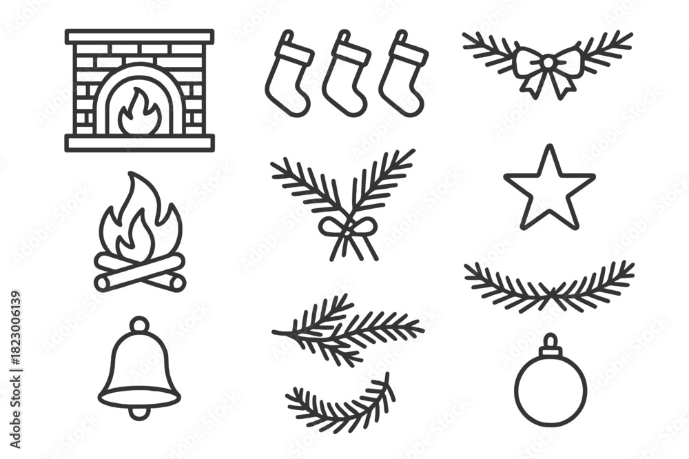 Fototapeta premium Winter Fireplace Icons. Winter Fireplace Scene. Line outline icon set of Winter Fireplace Scene: fireplace,