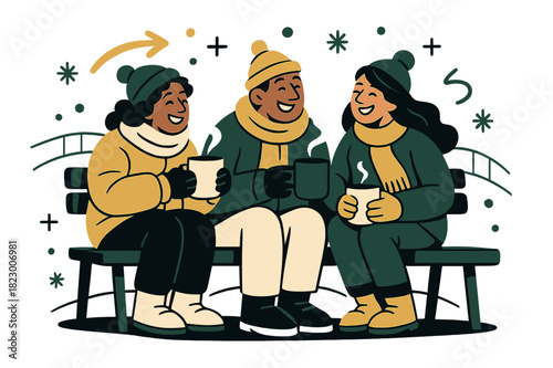 Winter Friends Gathering. Cozy winter pause. Friends in winter jackets and scarves sitting on a bench near the