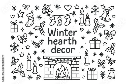 Winter Hearth Doodle Decor. Winter hearth decor. Hand-drawn doodle illustration of Winter hearth decor.