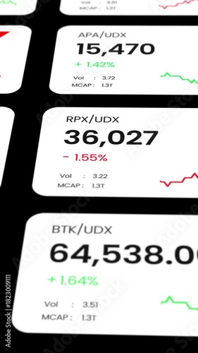 A professional vertical motion graphic of a digital trading dashboard displaying stock prices, numerical data, and metrics on a clean white background.