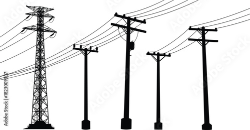 High voltage electricity transmission tower and wooden utility poles with electric wires, black and white silhouette of power infrastructure