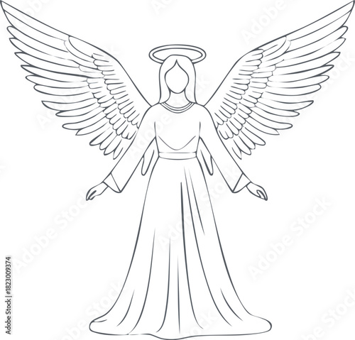Black and white line drawing of a serene female angel with large feathered wings and a holy halo, a spiritual symbol of divine purity and faith