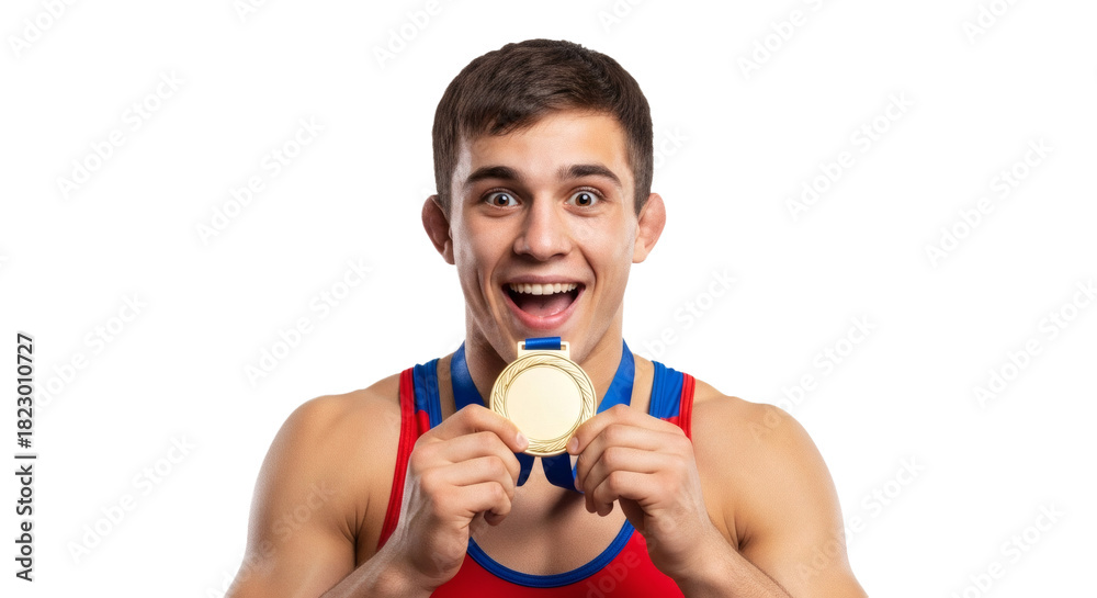 Fototapeta premium Wrestler athlete sport success champion medal winner competition victory achievement happy celebration on transparent background