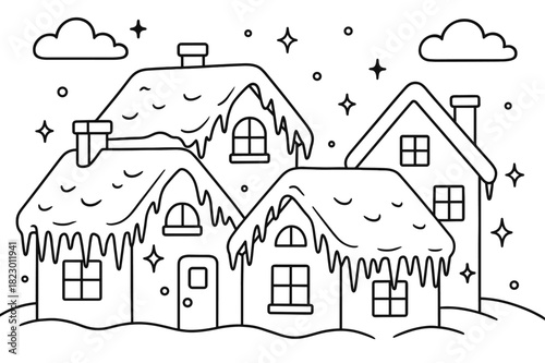 Winter Rooftop Coloring. Winter decoration rooftops children?s coloring book illustration, outlined drawing,