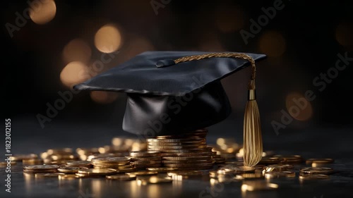 Graduation cap on stack of coins, student loan and tuition concept