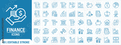Editable stroke finance icon set, suitable for financial presentations, websites, apps, reports, and infographics illustrating concepts in a sleek, modern style