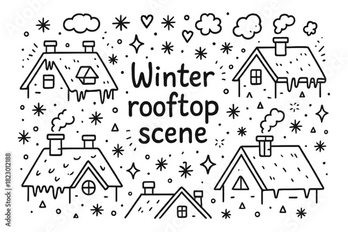 Winter Rooftop Doodles. Winter rooftop scene. Hand-drawn doodle illustration of Winter rooftop scene. rooftops