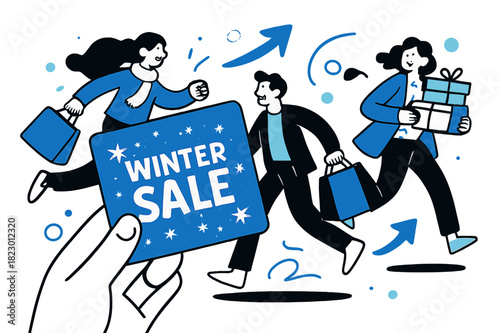 Winter Sale Extravaganza. Shopping season. Hand extended holding a winter sale card with snowflakes and
