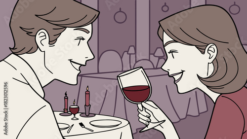 A couple shares a romantic dinner with wine and candles in a restaurant with a simple style drawing