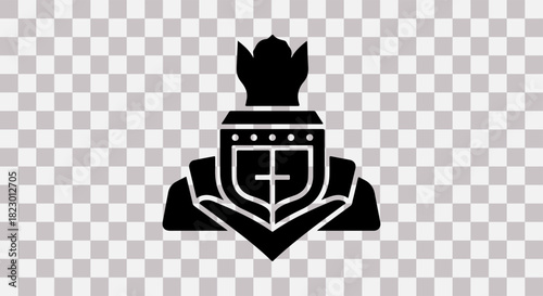 Black silhouette of a knight in armor wearing a crown