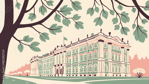 Illustration of the winter palace in russia with trees and lawn in a vintage color palette style