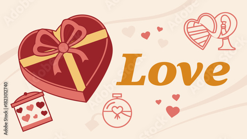 Illustration of valentine's day with heart shaped boxes and love text in a soft color palette design