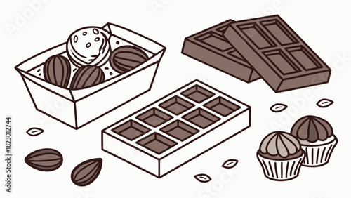 An illustration of chocolate treats including truffles and bar pieces on a white background surface