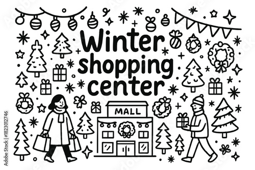 Winter Shopping Extravaganza. Winter shopping center. Hand-drawn doodle illustration of winter shopping center