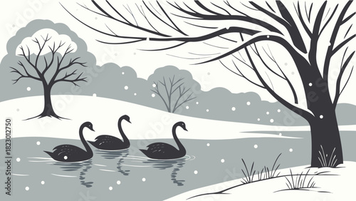 Three black swans swimming on a lake under a snowy tree in a winter landscape with falling snow flakes
