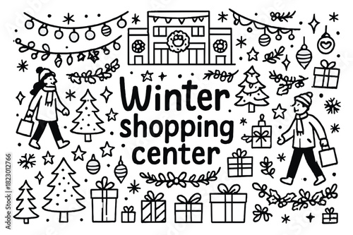Winter Shopping Extravaganza. Winter shopping center. Hand-drawn doodle illustration of winter shopping center