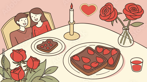 Couple enjoying a romantic valentine's day dinner with roses candle and heart shaped strawberry toast