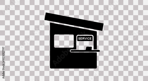 Black silhouette of a ticket booth with a sign that reads tickets