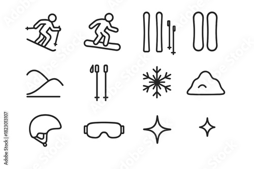 Winter Ski Icons. Winter Ski Scene. Line outline icon set of Winter Ski Scene: skier, snowboarder, skis,