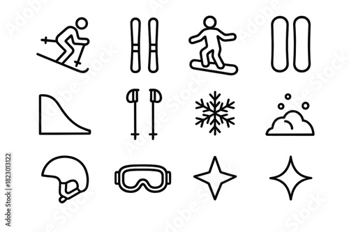 Winter Ski Icons. Winter Ski Scene. Line outline icon set of Winter Ski Scene: skier, snowboarder, skis,