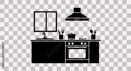 Modern kitchen silhouette with stove sink and cabinets