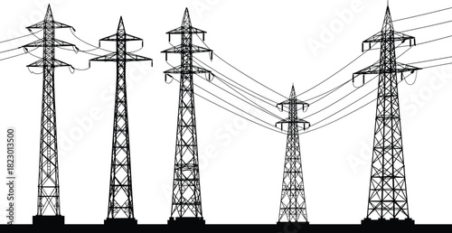 High voltage power transmission towers with electric lines, industrial energy distribution network, electricity grid system, and renewable energy infrastructure connection.