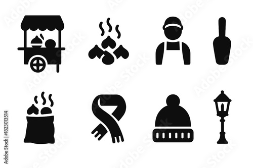 Winter Snack Icons. Winter snack stand. Filled icon set of winter snack stand: roasted chestnut cart, steaming