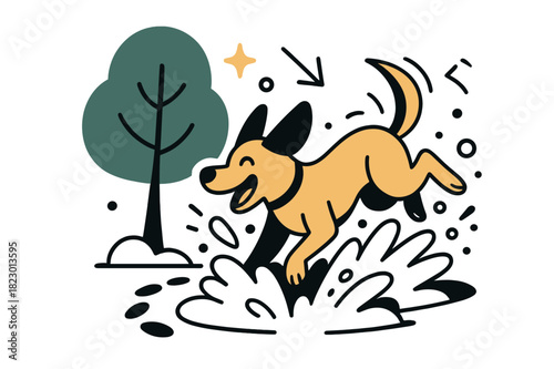 Winter Snow Leaps. Winter playtime. Dog jumping into snow beside a tree, with flying snow particles and
