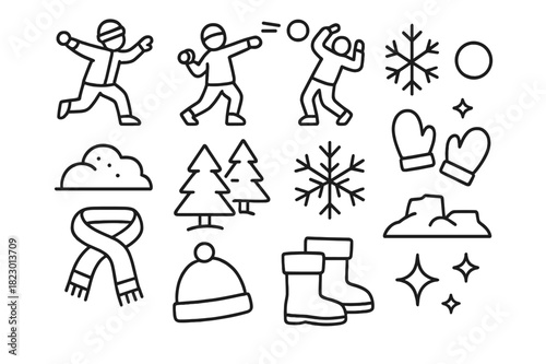 Winter Snowball Icons. Winter Snowball Fight. Line outline icon set of Winter Snowball Fight: kids throwing