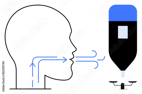 Outline of a human head with arrows indicating airflow through the mouth and respiratory system. Includes a stylized pen symbol. Ideal for healthcare, respiration, education, anatomy, air processes