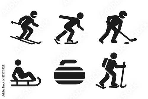 Winter Sports Icons. Winter sports. Filled icon set of winter sports: skier, snowboarder, ice skater, hockey