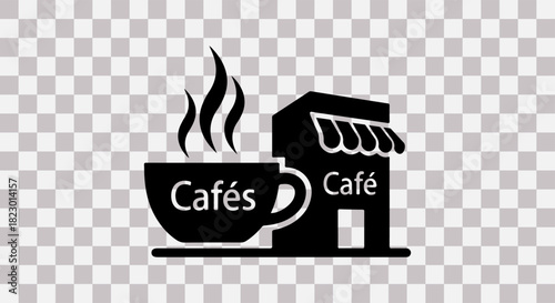 Black silhouette of a coffee cup and cafe building