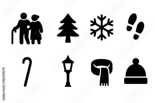 Winter Stroll Icons. Winter stroll silhouettes. Filled icon set of winter stroll silhouettes: elderly couple,