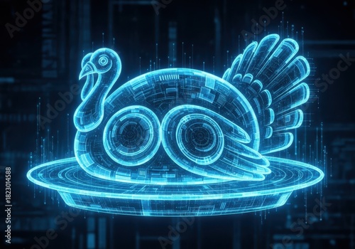 A glowing blue digital turkey on a platter, symbolizing futuristic holiday celebrations, artificial intelligence, and tech