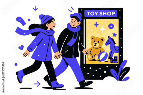 Winter Toyshop Romance. Romantic stroll. Couple holding hands while looking into a toy shop window glowing