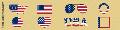 Collection of usa-themed designs with flag motifs in shapes like heart, map, and text. perfect for patriotic displays.