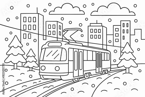Winter Tram Coloring. Urban winter commute children?s coloring book illustration, outlined drawing, tram