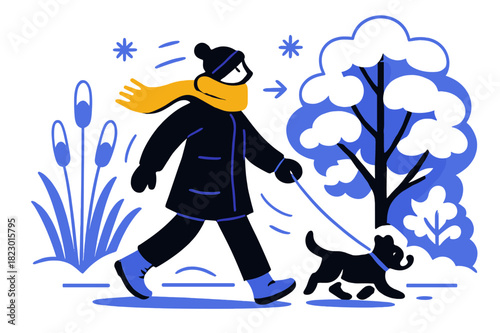 Winter Walk Bliss. Frozen nature. Person walking a small dog near frozen reeds and trees heavy with snow. Warm