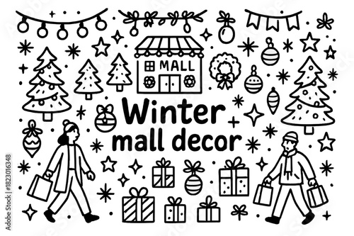 Winter Wonderland Mall. Winter mall decor. Hand-drawn doodle illustration of winter mall decor. Mall building,